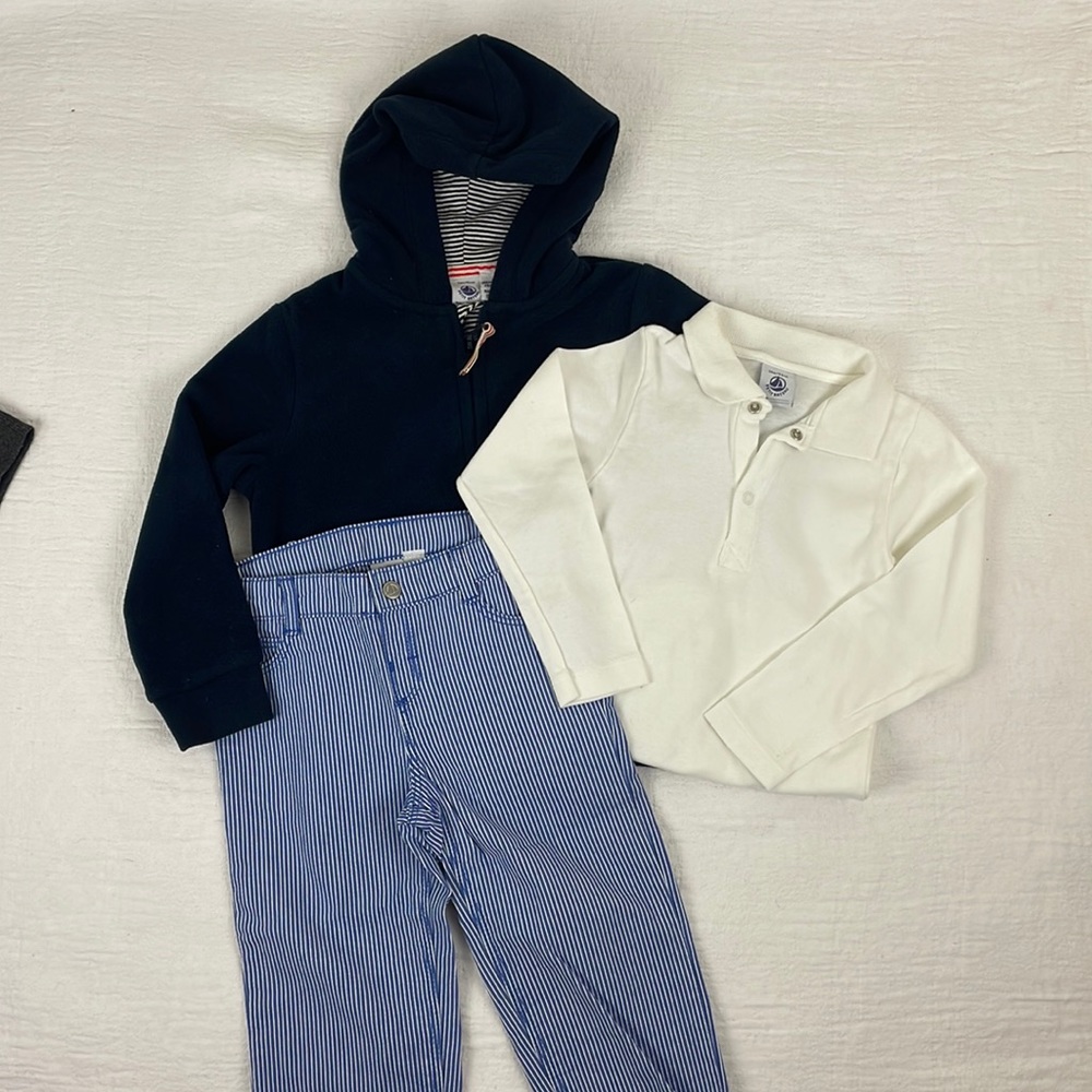 Petit Bateau bundle boys top, fleece hooded jacket, pants 36 and 24 months.